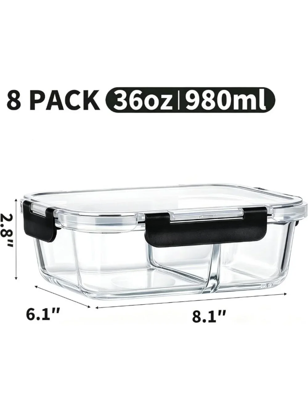8-Pack 36oz Glass Meal Prep Containers with Lids - 2 Compartment, BPA-Free